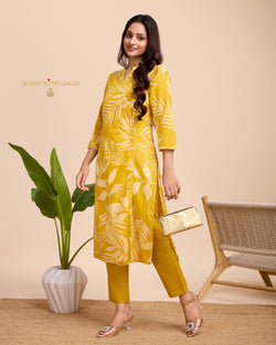 Yellow Leaf Sequin Cotton Kurta Set