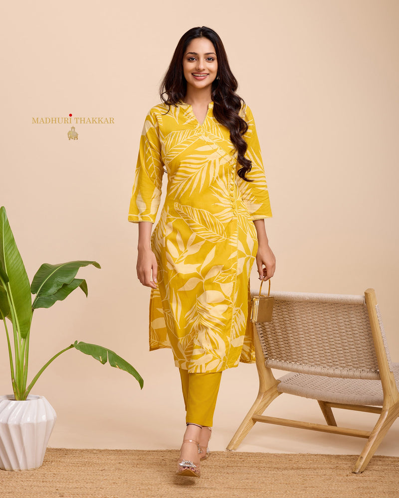 Yellow Leaf Sequin Cotton Kurta Set