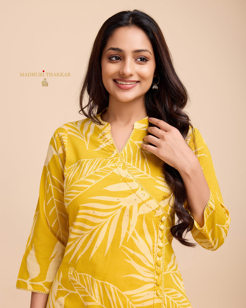 Yellow Leaf Sequin Cotton Kurta Set