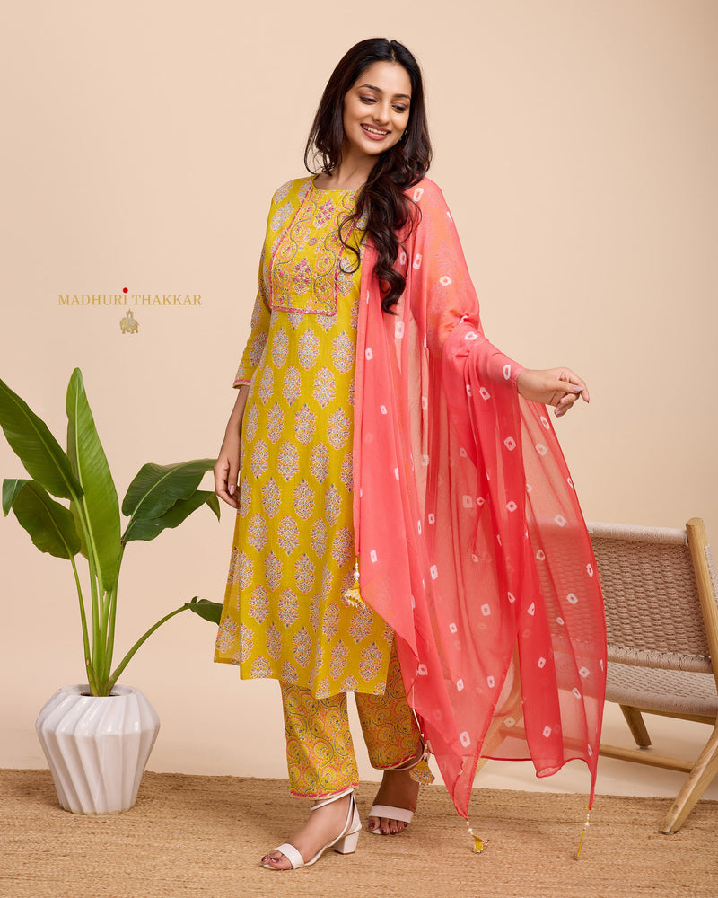 Yellow Cotton Handwork Suit