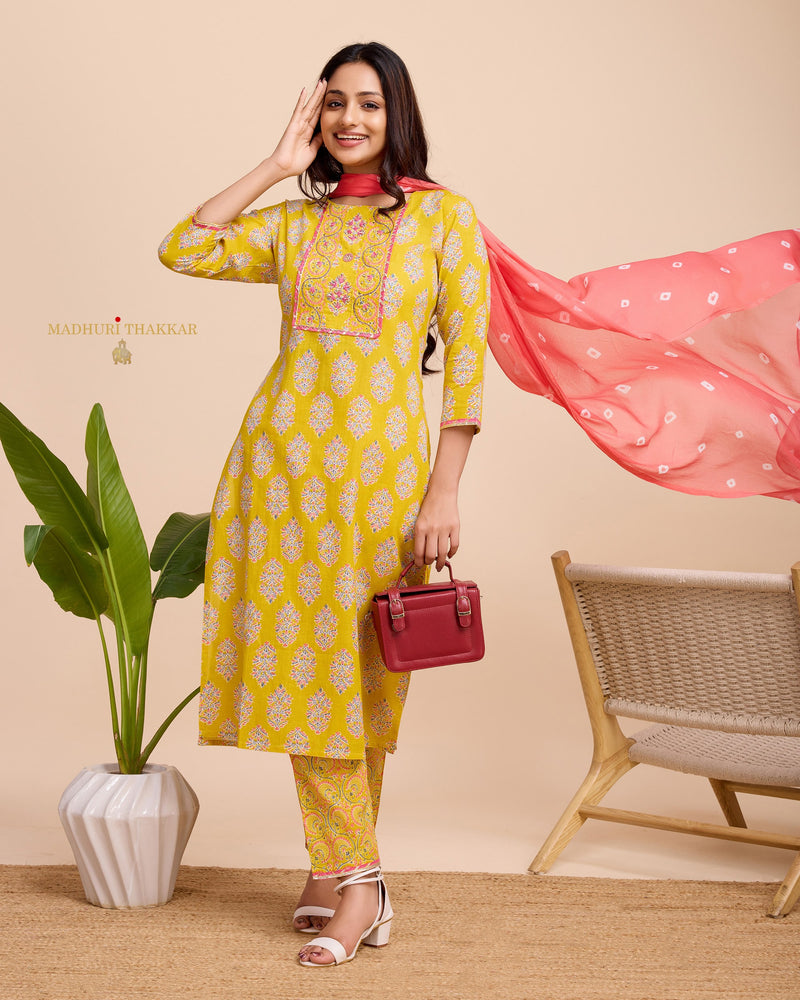 Yellow Cotton Handwork Suit