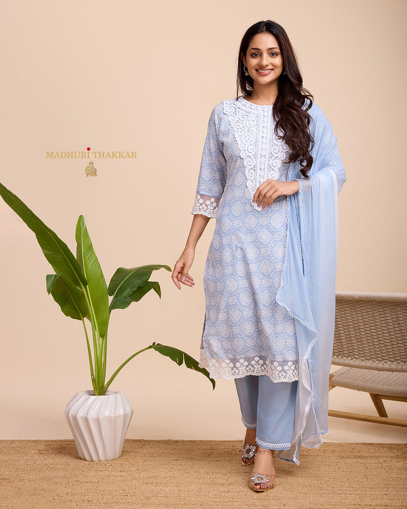 Powder Blue Schiffli Cotton Suit