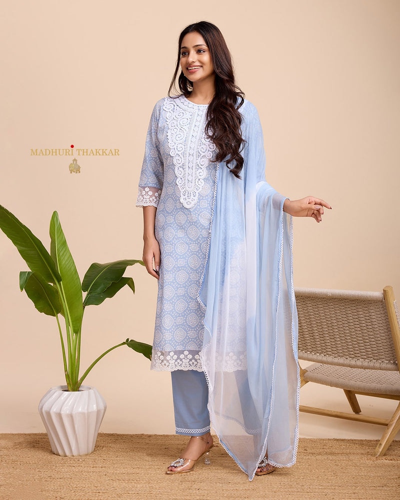 Powder Blue Schiffli Cotton Suit