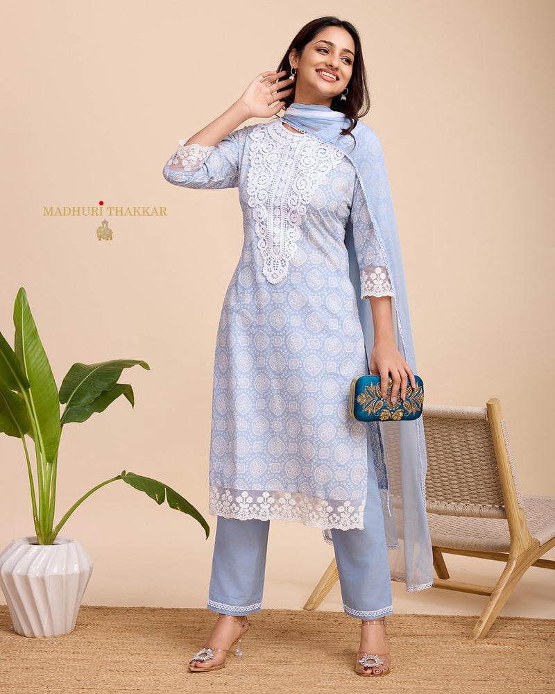 Powder Blue Schiffli Cotton Suit