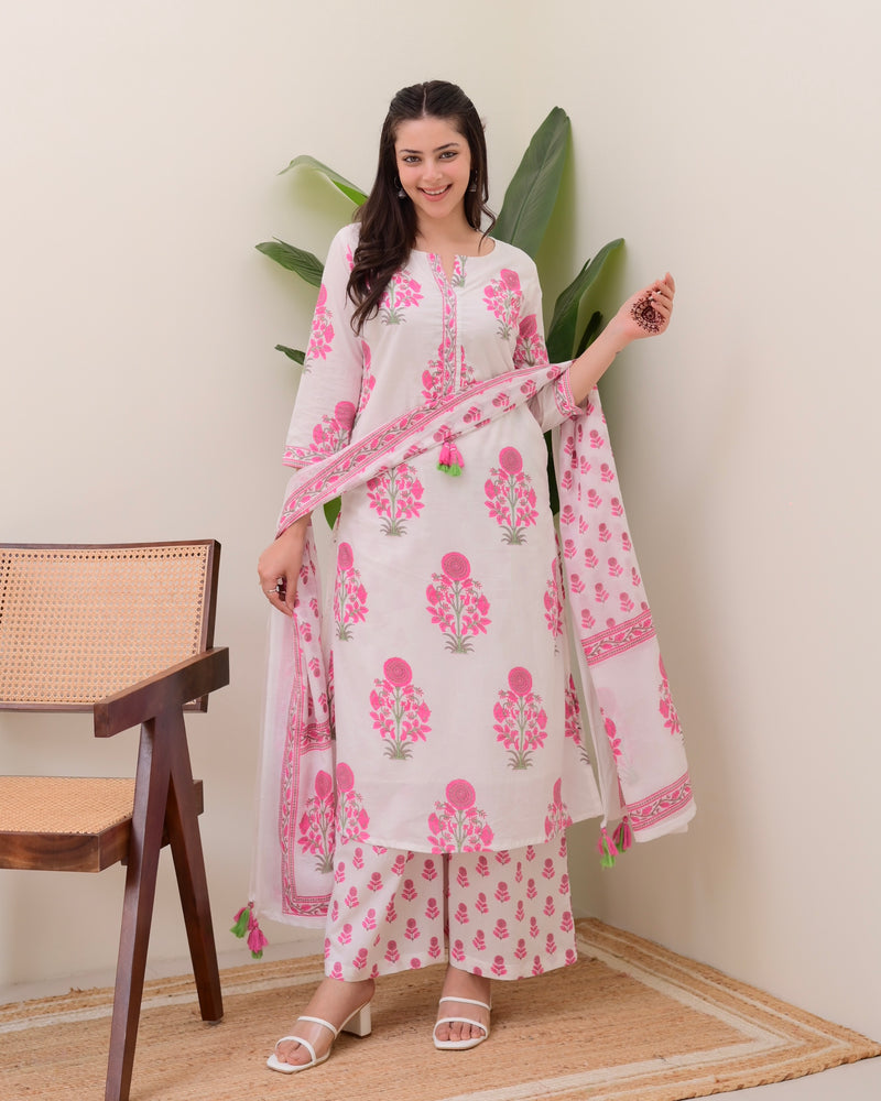 Pink White Floral Cotton Kurta Palazzo Suit