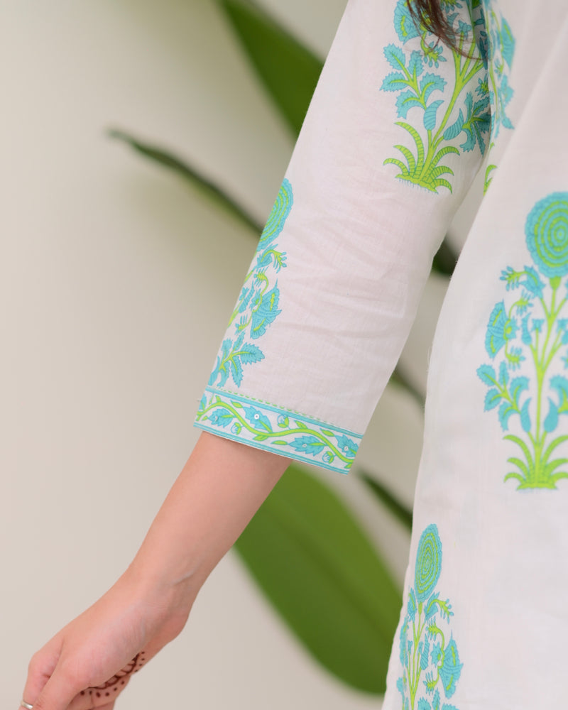 Turquoise White Floral Cotton Kurta Palazzo Suit