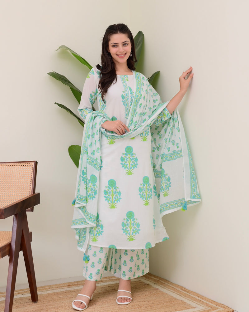Turquoise White Floral Cotton Kurta Palazzo Suit