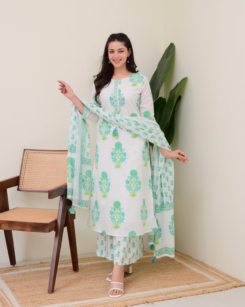 Turquoise White Floral Cotton Kurta Palazzo Suit
