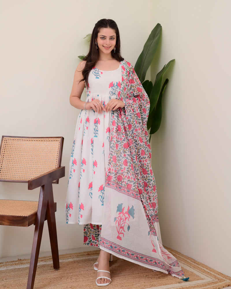 Blue Handblock Printed Premium Cotton Anarkali