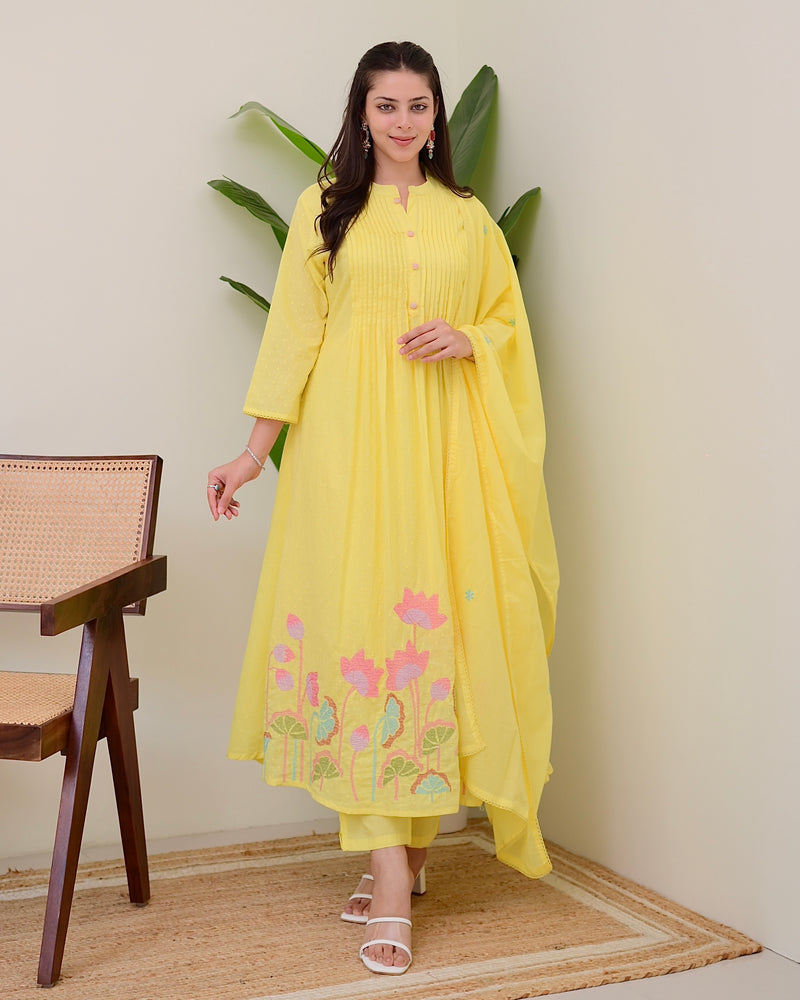 Yellow Lotus Threadwork Mul Cotton A Line Suit