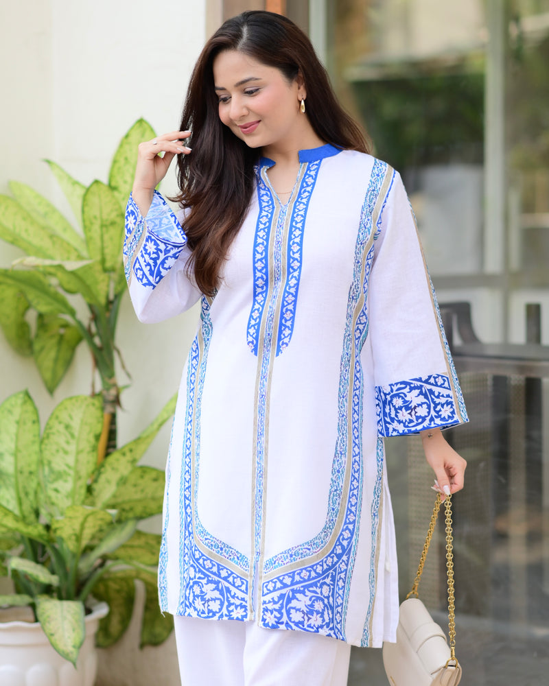 White Blue Moroccan Pakistani Cotton Linen Co-ord
