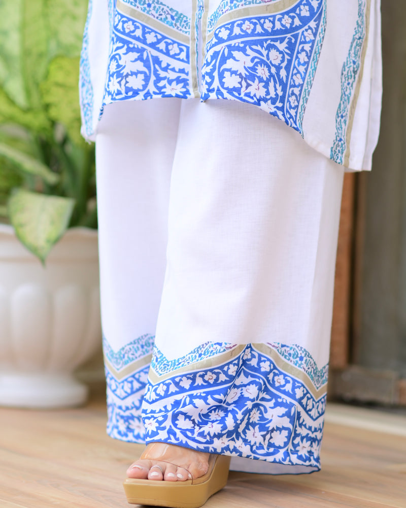 White Blue Moroccan Pakistani Cotton Linen Co-ord