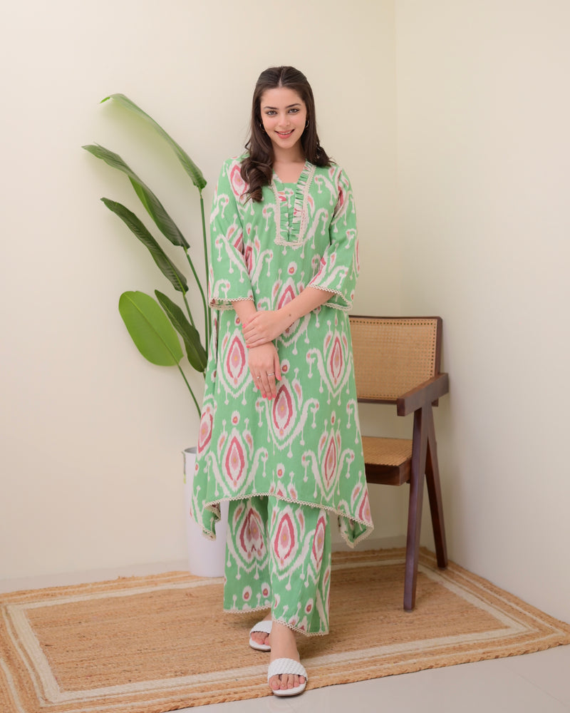 Green Baroque A Line Cotton Kurta Set