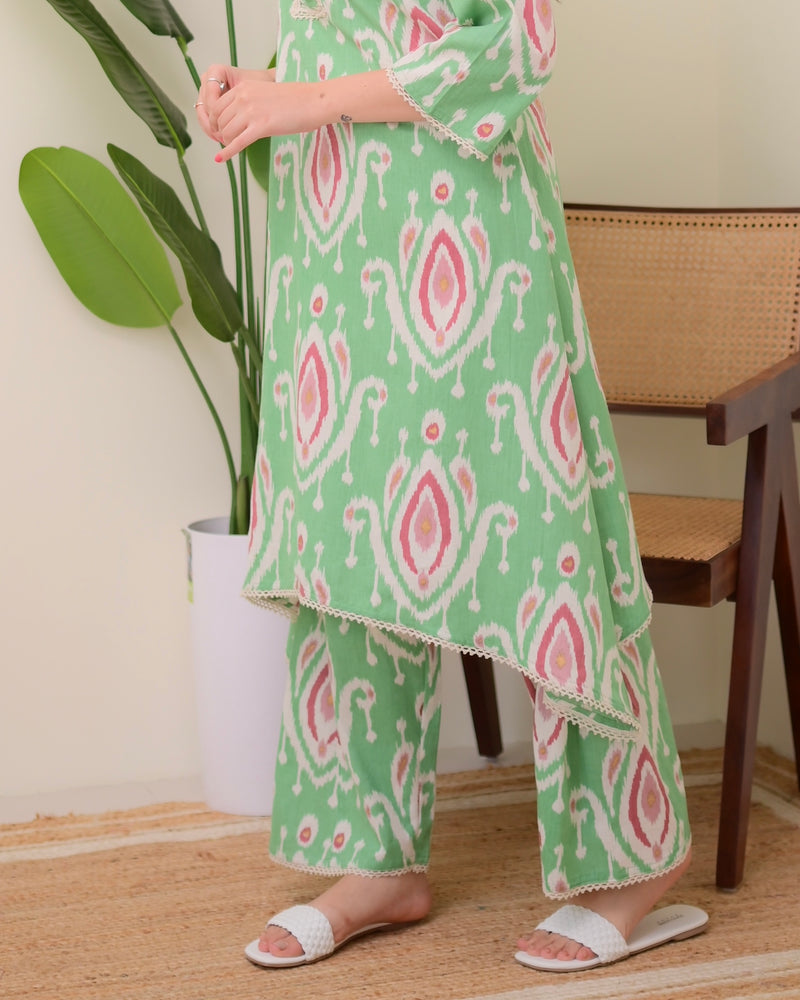 Green Baroque A Line Cotton Kurta Set