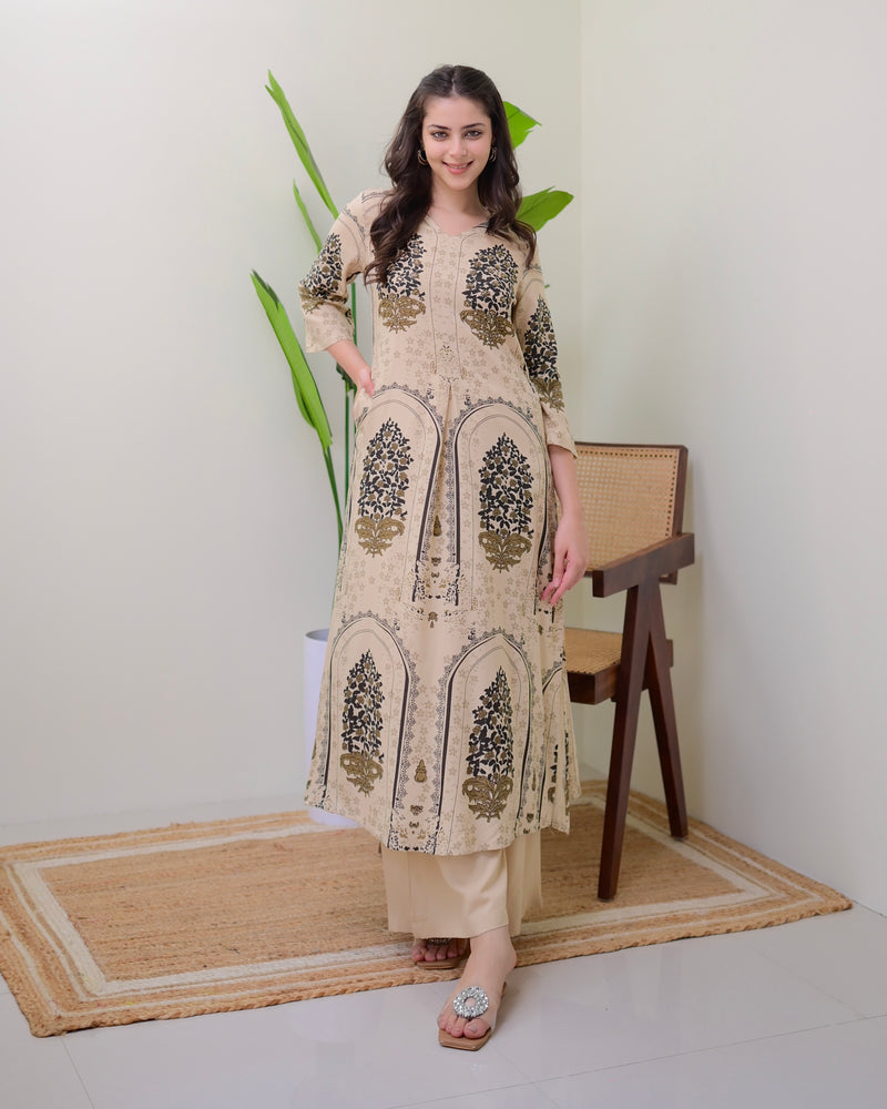 Ivory Floral Embroidered Cotton A Line Kurta Palazzo Set