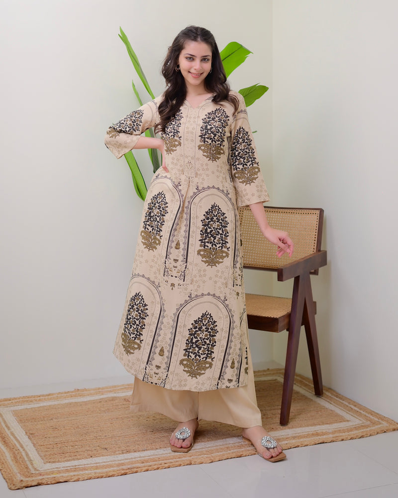 Ivory Floral Embroidered Cotton A Line Kurta Palazzo Set