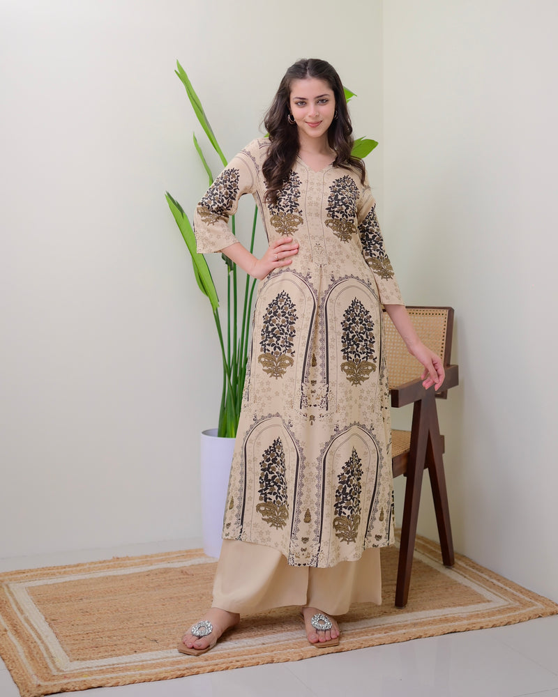 Ivory Floral Embroidered Cotton A Line Kurta Palazzo Set