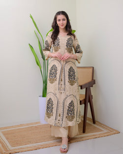 Ivory Floral Embroidered Cotton A Line Kurta Palazzo Set