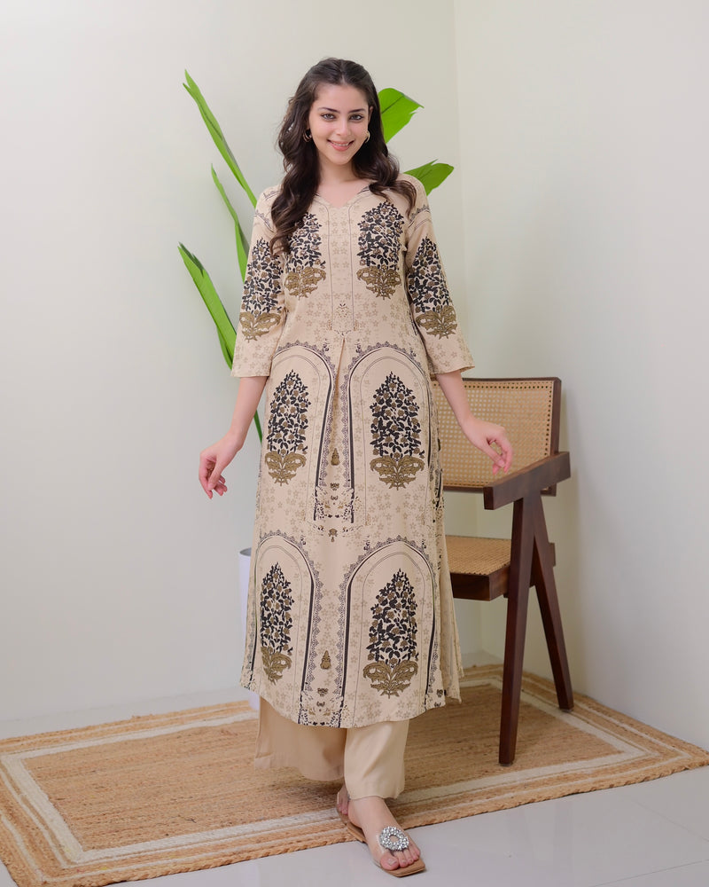 Ivory Floral Embroidered Cotton A Line Kurta Palazzo Set