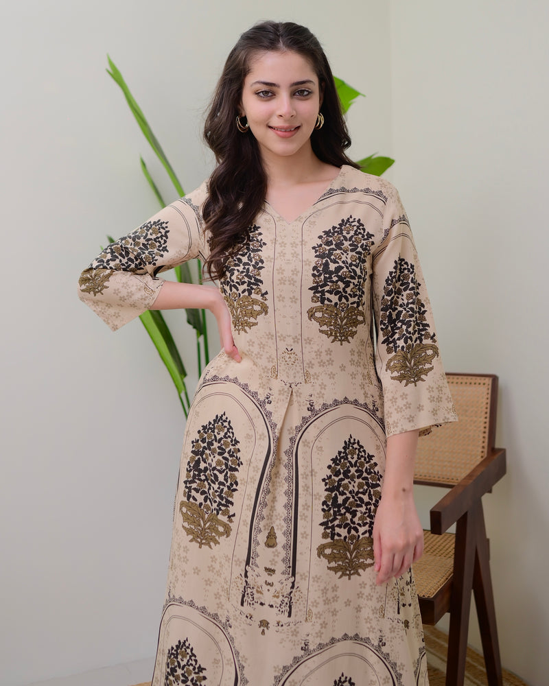 Ivory Floral Embroidered Cotton A Line Kurta Palazzo Set