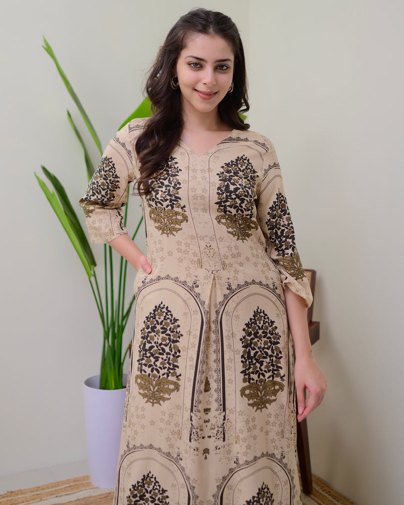 Ivory Floral Embroidered Cotton A Line Kurta Palazzo Set