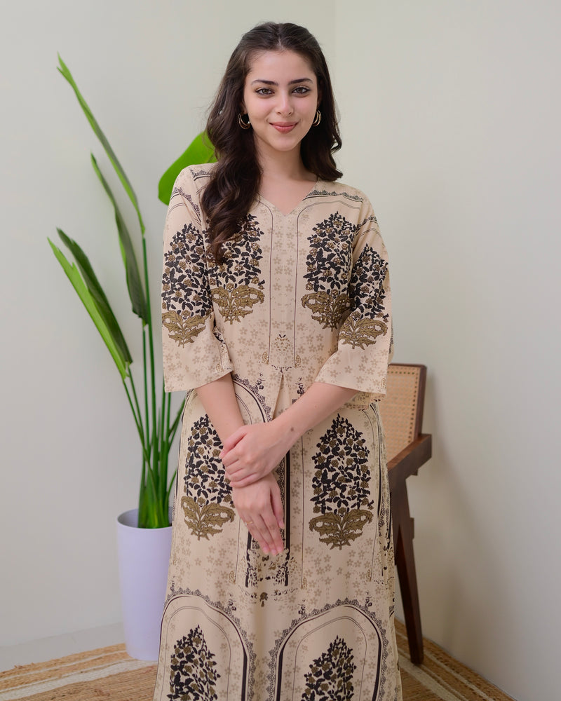 Ivory Floral Embroidered Cotton A Line Kurta Palazzo Set