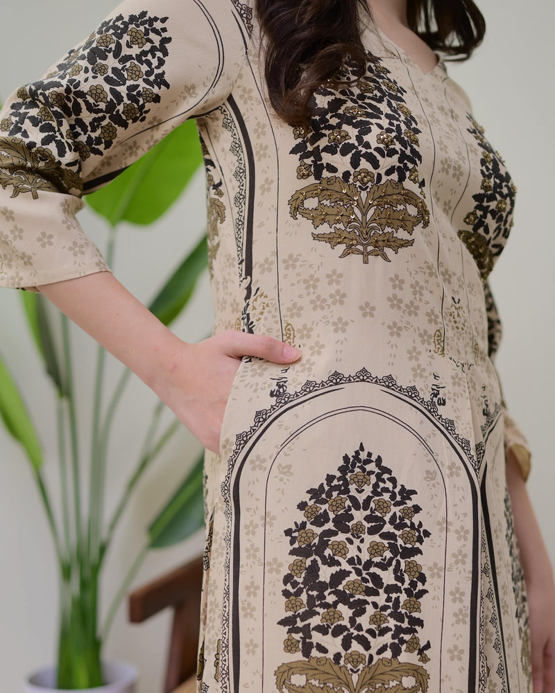 Ivory Floral Embroidered Cotton A Line Kurta Palazzo Set