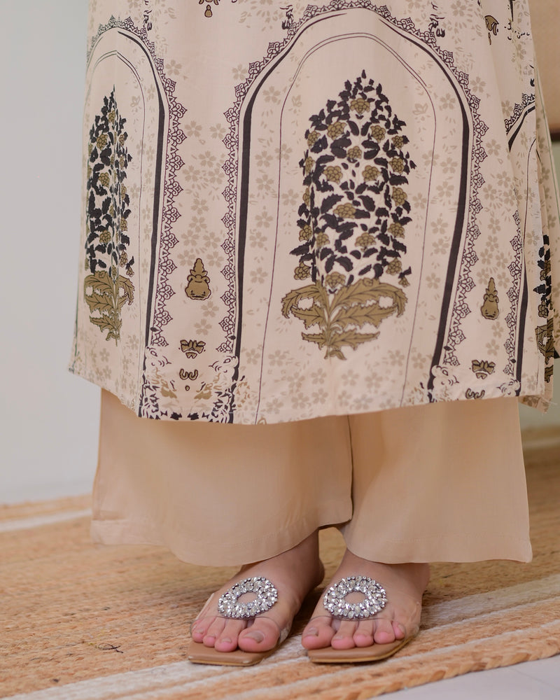 Ivory Floral Embroidered Cotton A Line Kurta Palazzo Set