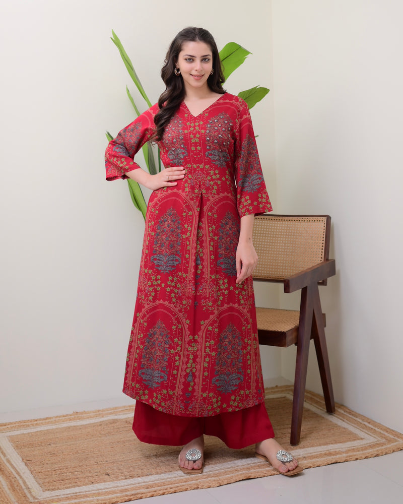 Maroon Floral Embroidered Cotton A Line Kurta Palazzo Set