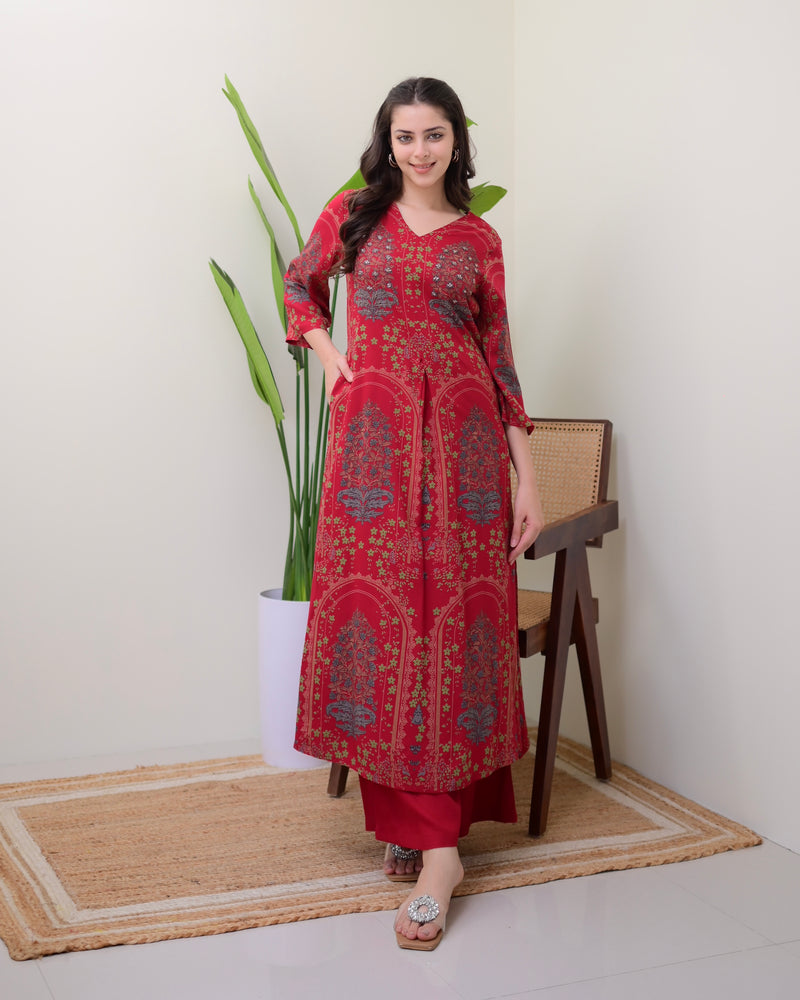 Maroon Floral Embroidered Cotton A Line Kurta Palazzo Set