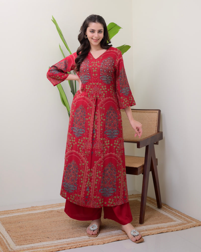 Maroon Floral Embroidered Cotton A Line Kurta Palazzo Set