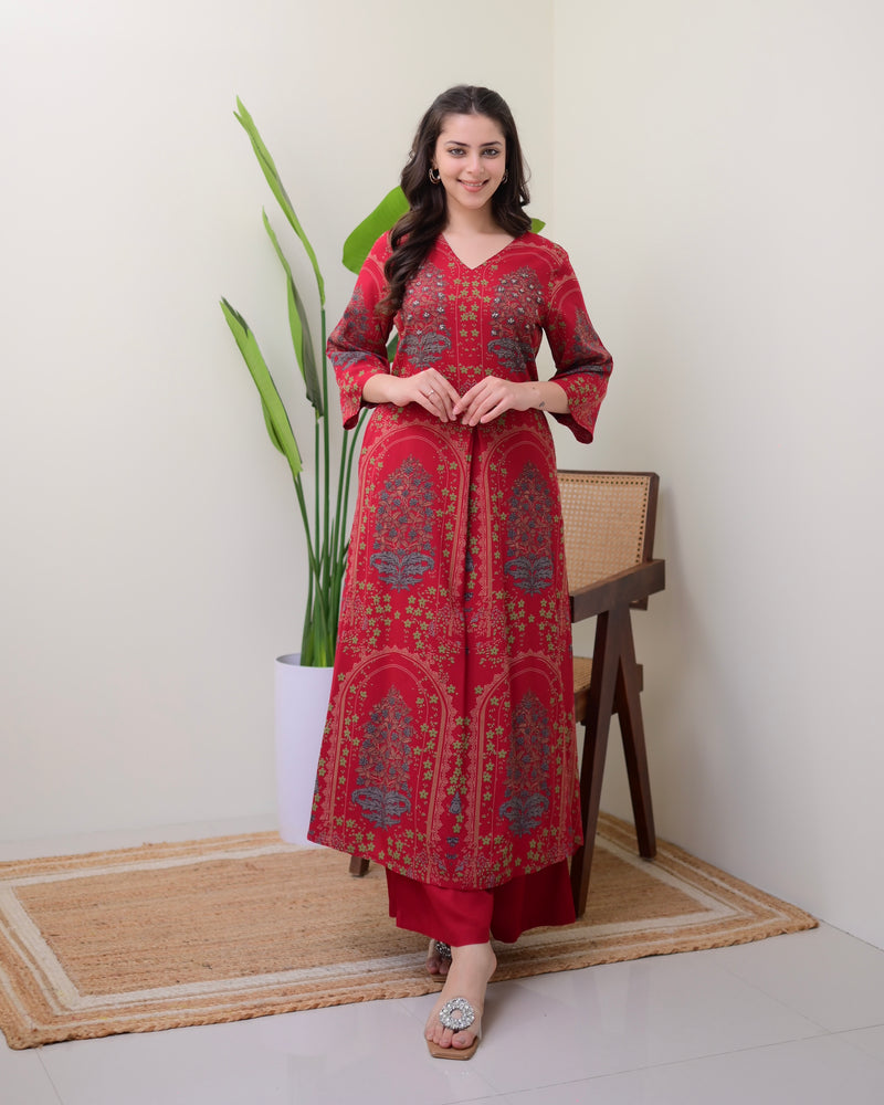 Maroon Floral Embroidered Cotton A Line Kurta Palazzo Set