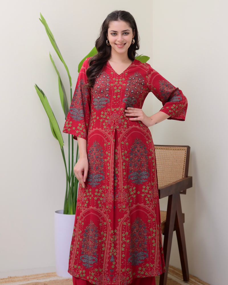 Maroon Floral Embroidered Cotton A Line Kurta Palazzo Set