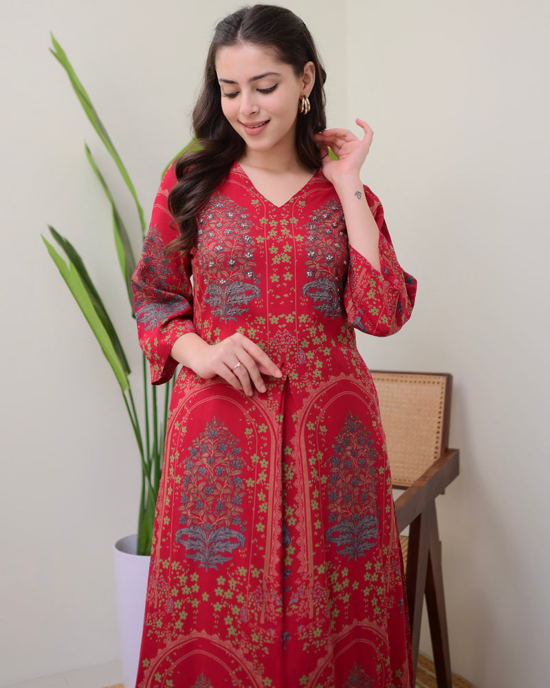 Maroon Floral Embroidered Cotton A Line Kurta Palazzo Set