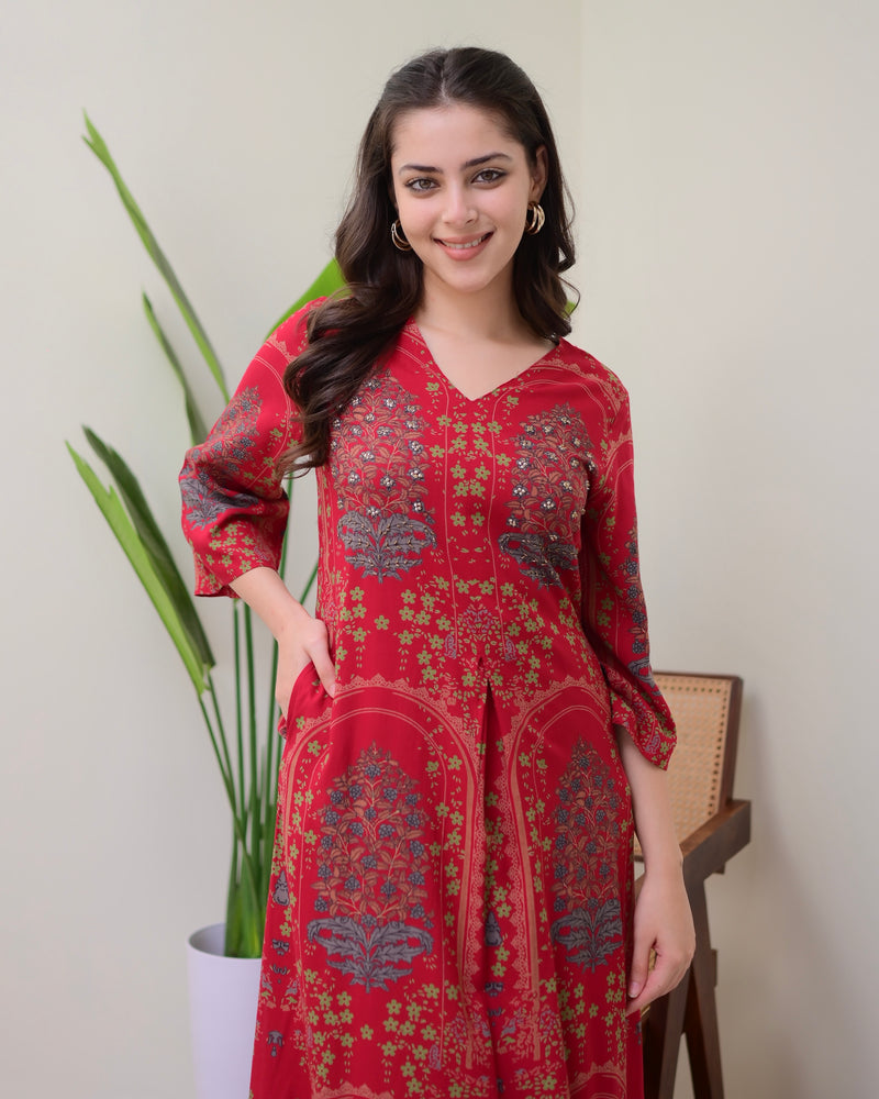 Maroon Floral Embroidered Cotton A Line Kurta Palazzo Set