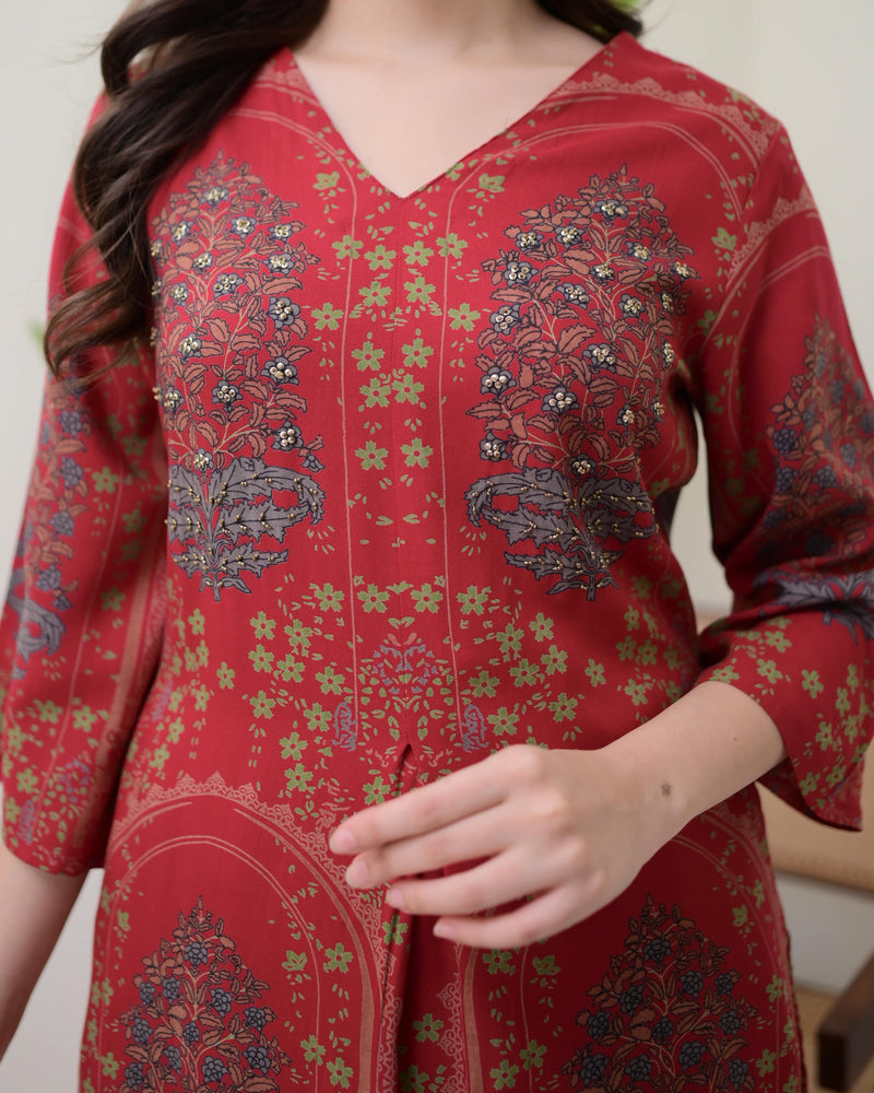 Maroon Floral Embroidered Cotton A Line Kurta Palazzo Set