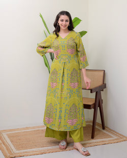 Green Floral Embroidered Cotton A Line Kurta Palazzo Set