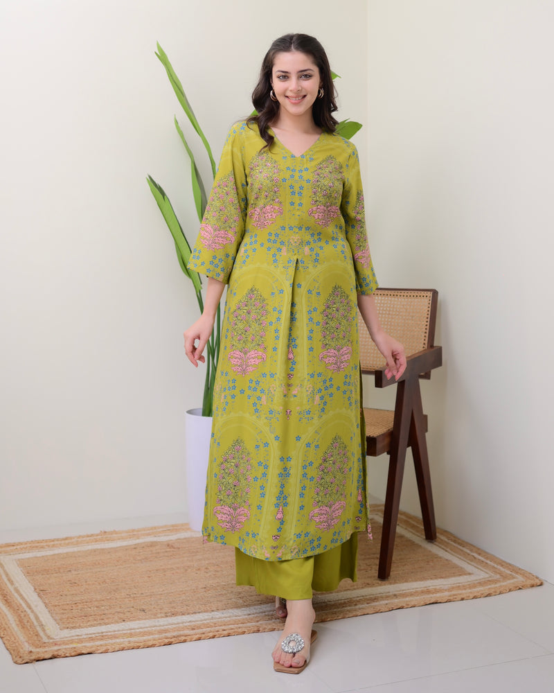 Green Floral Embroidered Cotton A Line Kurta Palazzo Set