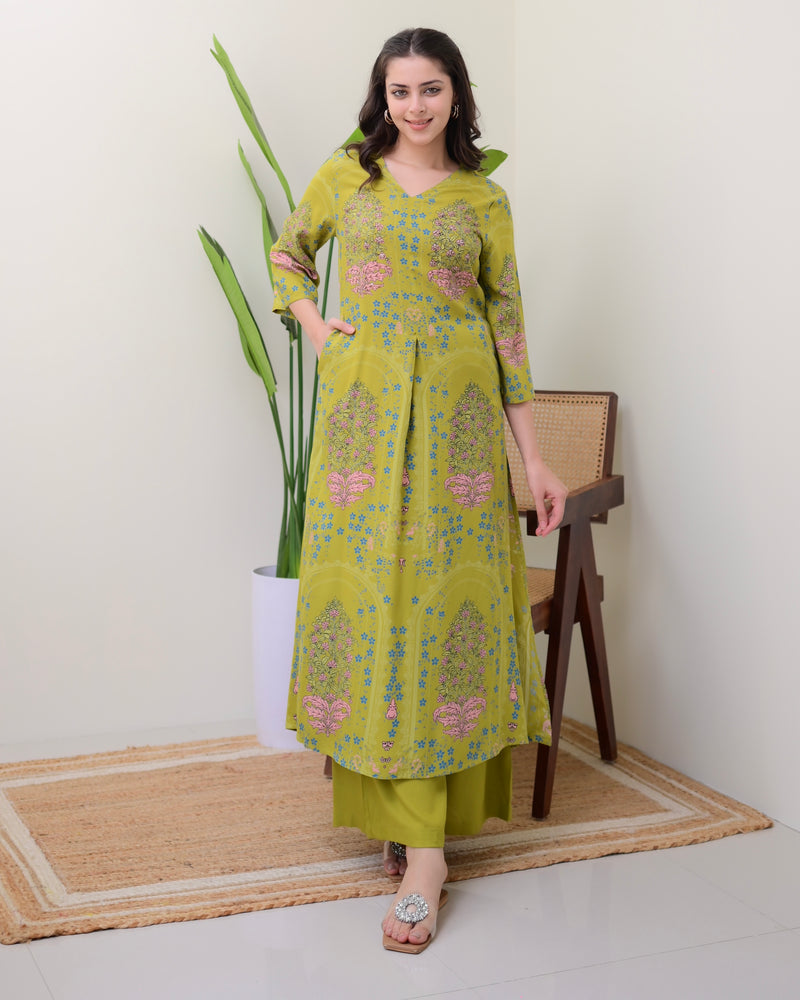 Green Floral Embroidered Cotton A Line Kurta Palazzo Set