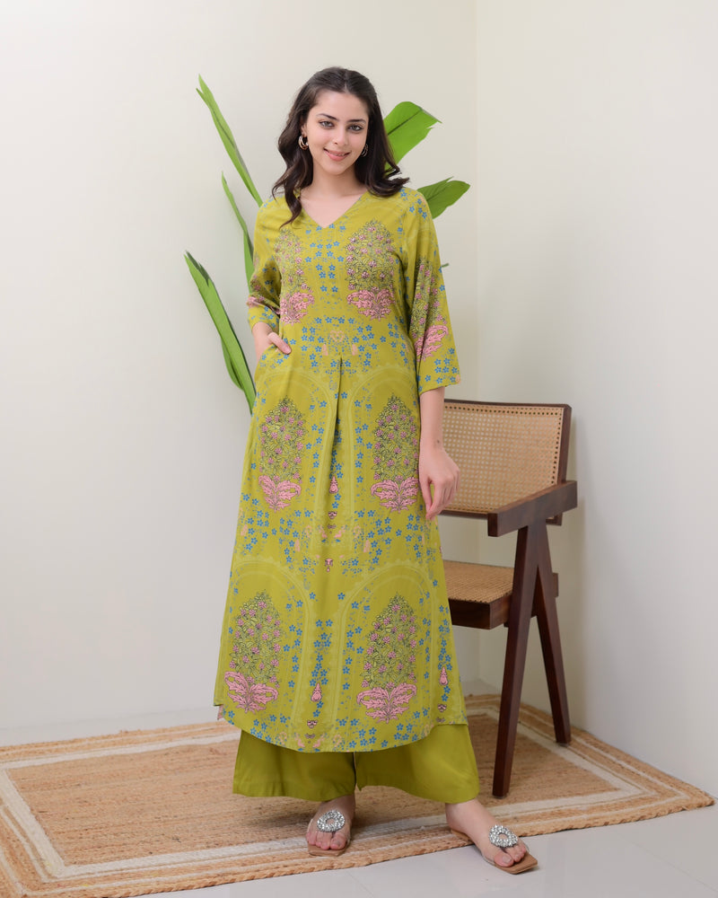 Green Floral Embroidered Cotton A Line Kurta Palazzo Set