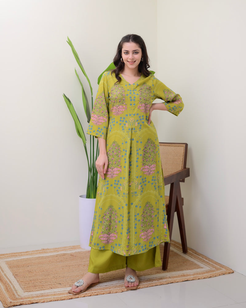 Green Floral Embroidered Cotton A Line Kurta Palazzo Set