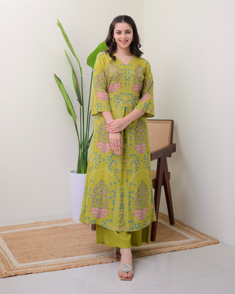 Green Floral Embroidered Cotton A Line Kurta Palazzo Set