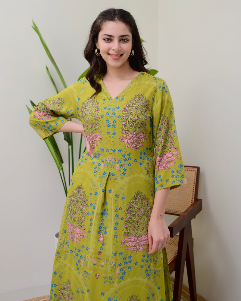 Green Floral Embroidered Cotton A Line Kurta Palazzo Set