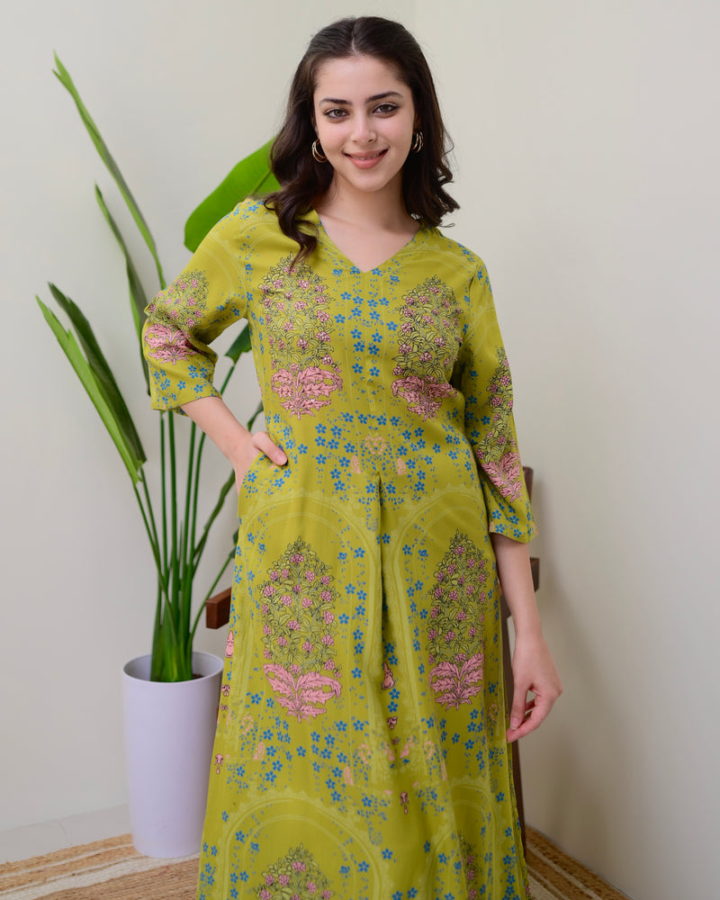 Green Floral Embroidered Cotton A Line Kurta Palazzo Set