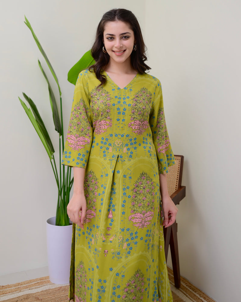 Green Floral Embroidered Cotton A Line Kurta Palazzo Set