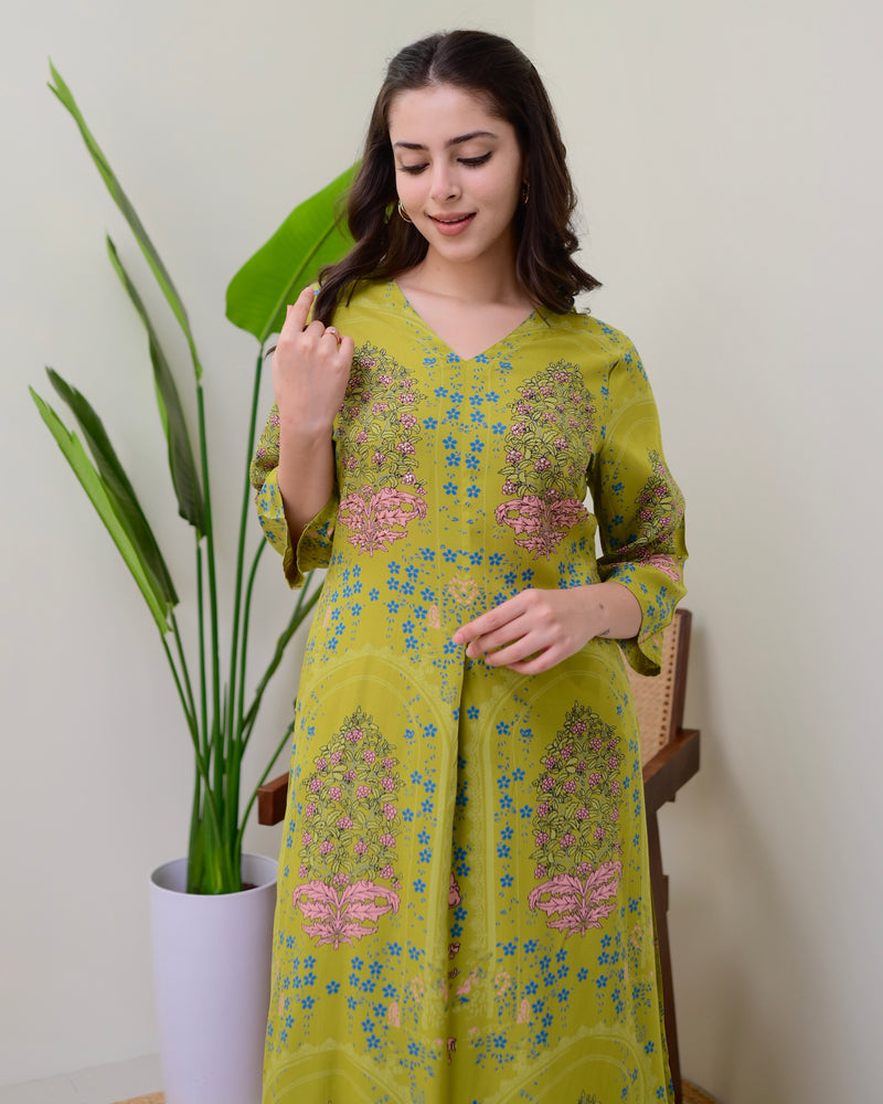 Green Floral Embroidered Cotton A Line Kurta Palazzo Set