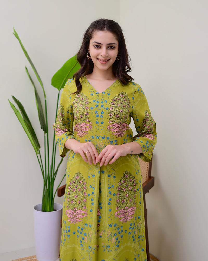 Green Floral Embroidered Cotton A Line Kurta Palazzo Set