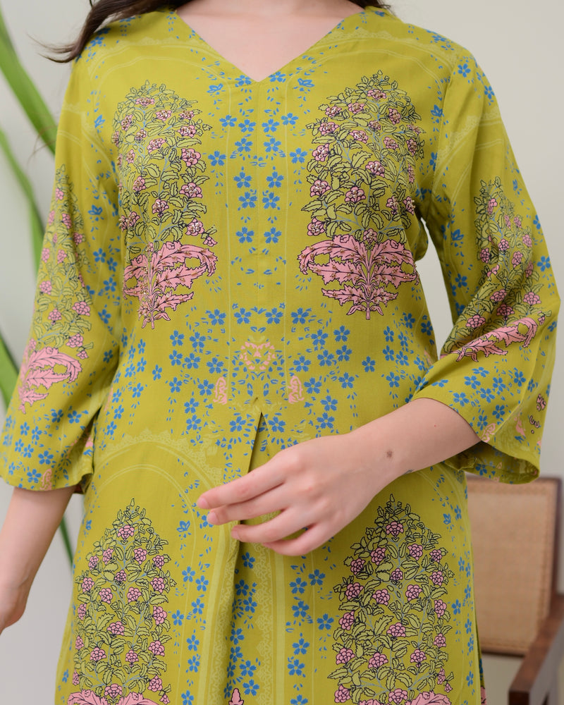 Green Floral Embroidered Cotton A Line Kurta Palazzo Set