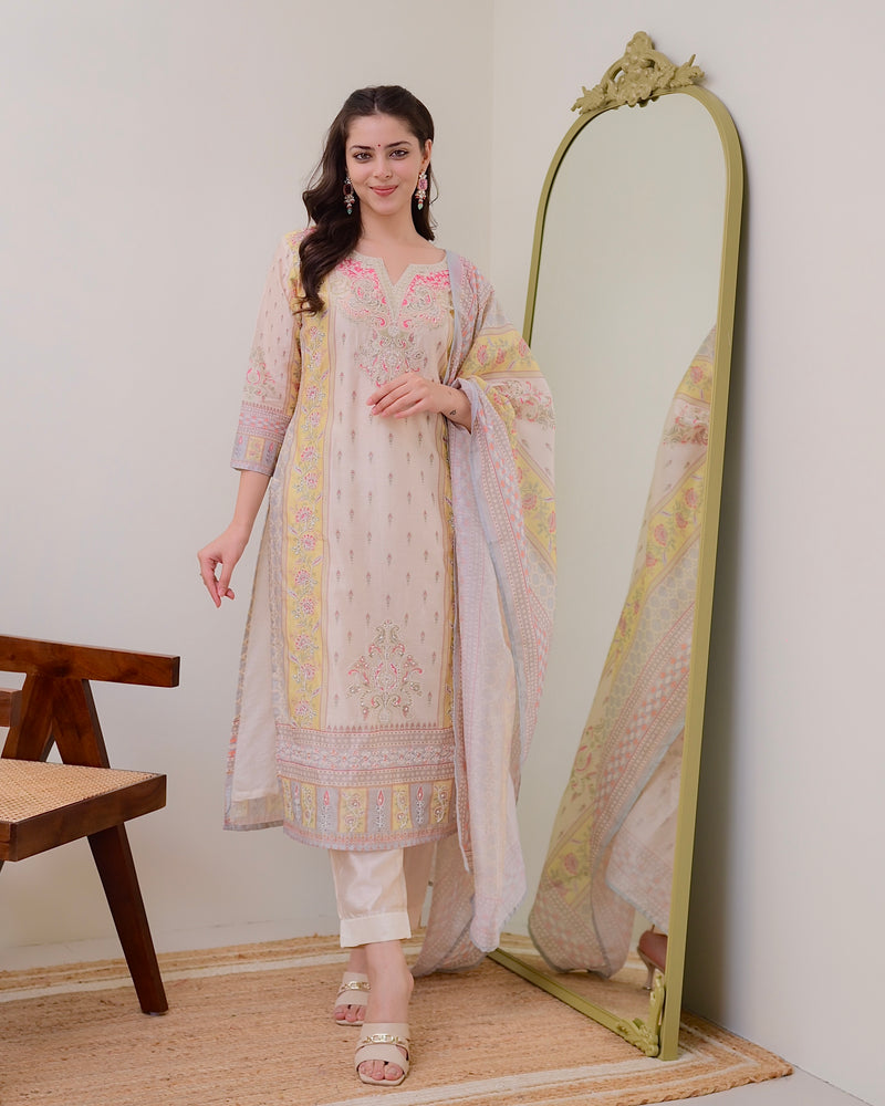 Ivory Yellow Handwork Linen Cotton Festive Suit