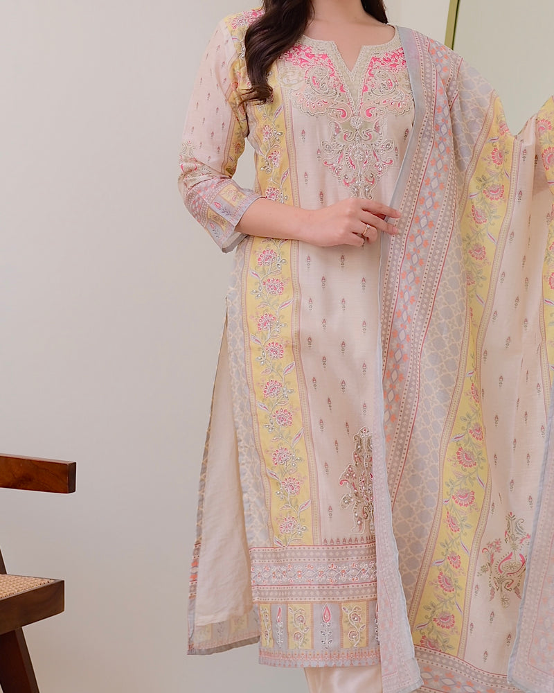 Ivory Yellow Handwork Linen Cotton Festive Suit